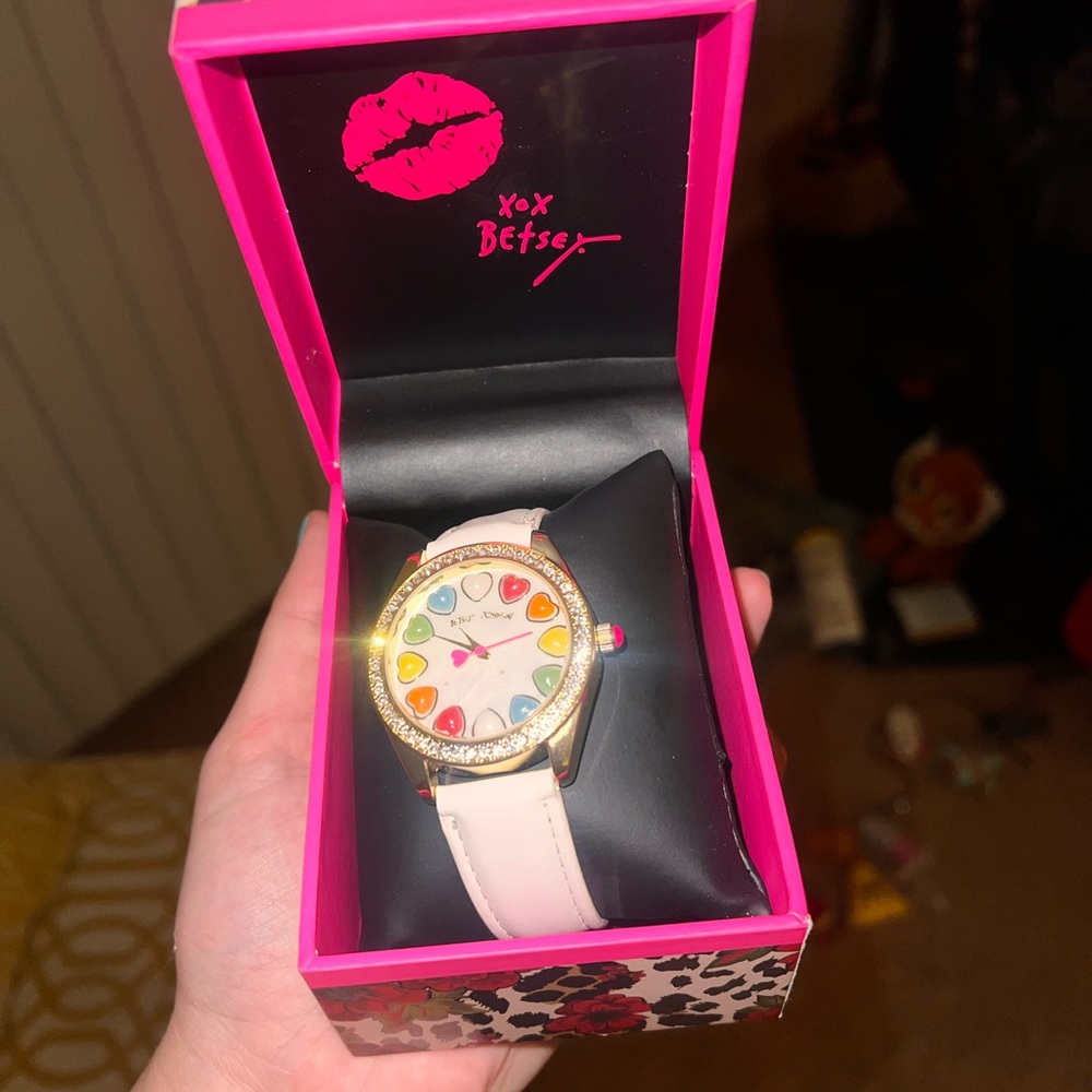 Betsey Johnson Colorful Heart Dial Watch with White Strap